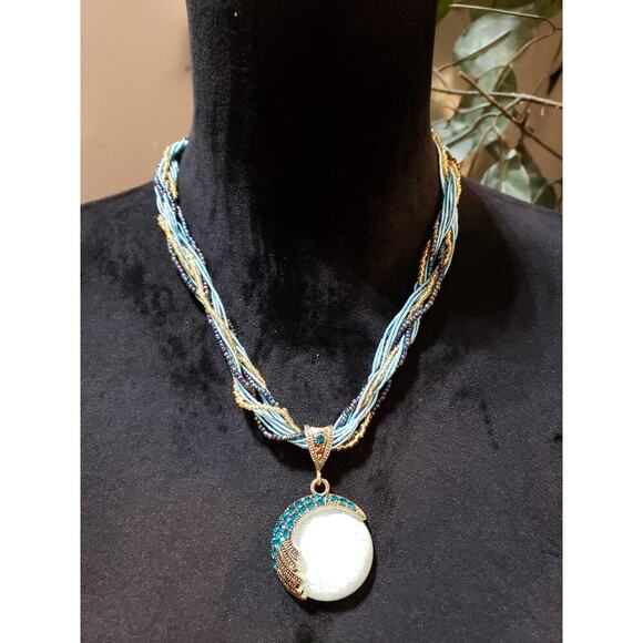 Womens Multilayer Seed Beads Twisted String Crackle Acrylic Pendant Necklace - Picture 1 of 6